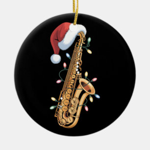 Christmas Saxophone Santa Xmas Lights Jazz Music Ceramic Ornament