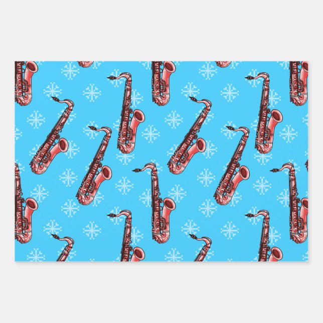 Christmas Saxophone Sax Player Musician Pattern Wrapping Paper Sheets (Front)