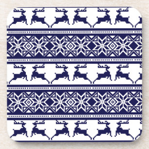 Christmas, Scandinavian Folk Blue and White Beverage Coaster