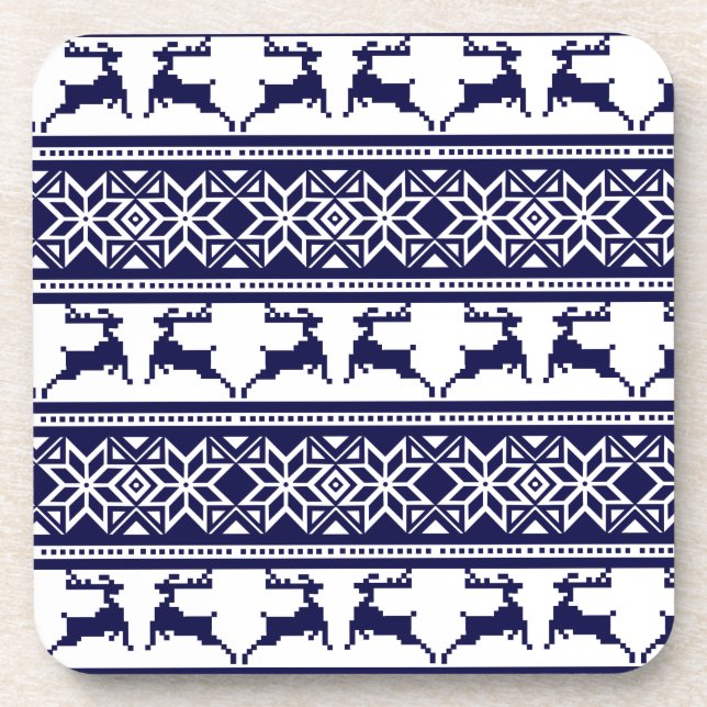 Christmas, Scandinavian Folk Blue and White Beverage Coaster (Front)