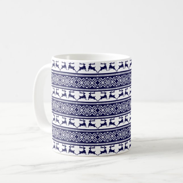 Christmas, Scandinavian Folk Blue and White Coffee Mug (Front Left)