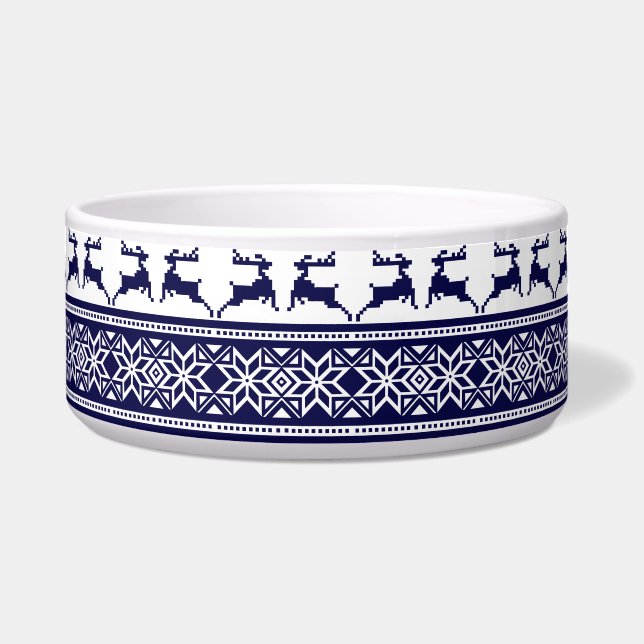 Christmas, Scandinavian Folk Blue and White Dog Bowl (Front)
