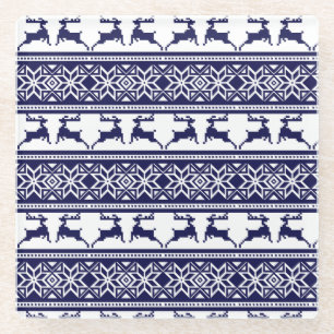 Christmas, Scandinavian Folk Blue and White Glass Coaster