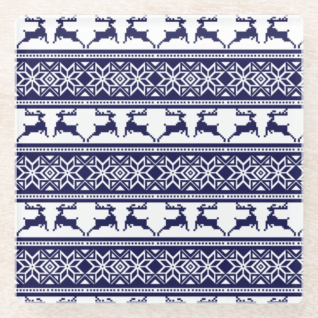 Christmas, Scandinavian Folk Blue and White Glass Coaster (Front)