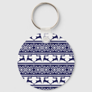 Christmas, Scandinavian Folk Blue and White Keychain