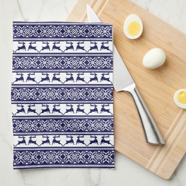 Christmas, Scandinavian Folk Blue and White Kitchen Towel (Quarter Fold)