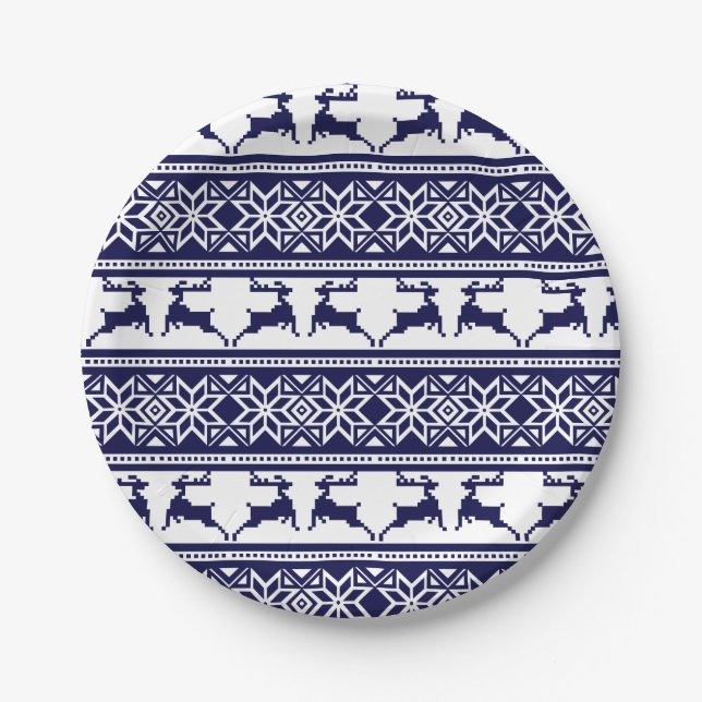 Christmas, Scandinavian Folk Blue and White Paper Plates (Front)