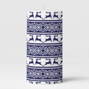 Christmas, Scandinavian Folk Blue and White Pillar Candle