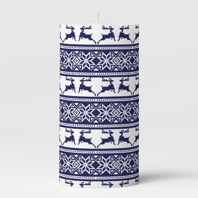 Christmas, Scandinavian Folk Blue and White Pillar Candle (Front)