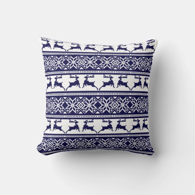 Christmas, Scandinavian Folk Blue and White Throw Pillow (Front)