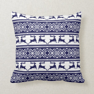 Christmas, Scandinavian Folk Blue and White Throw Pillow