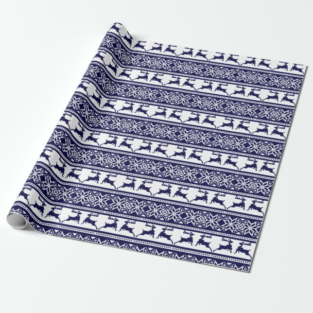Christmas, Scandinavian Folk Blue and White Wrapping Paper (Unrolled)