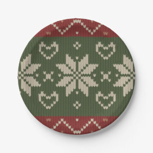 Christmas Scandinavian Knit Red Green Hearts Paper Plates
