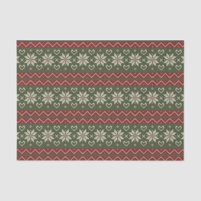 Christmas Scandinavian Knit Red Green Hearts Tissue Paper (Front)