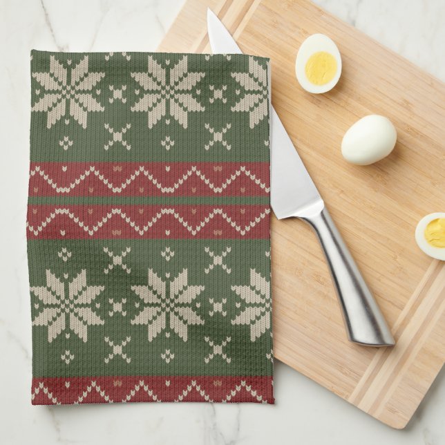 Christmas Scandinavian Knit Red Green Rustic Kitchen Towel (Quarter Fold)