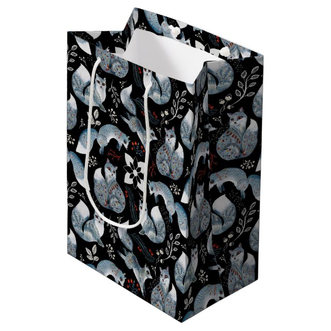 Christmas Scandinavian Nordic Gray Fox on Black Medium Gift Bag (Front Angled)