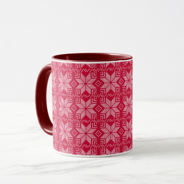 Christmas, Scandinavian, red, white, snowflakes Mug (Front Left)