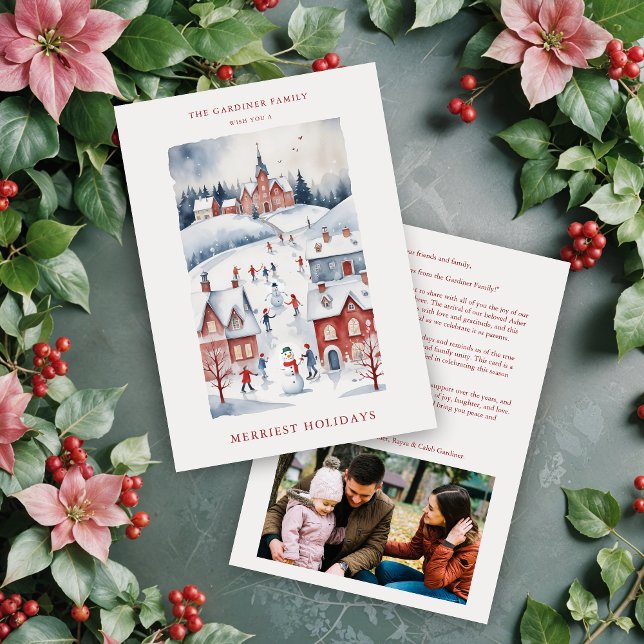 Christmas Scandinavian Style  Snowy Winter Village Holiday Card (Christmas Scandinavian Nordic Style Snowy Winter Village Landscape In Red Shades Holiday Cards.)