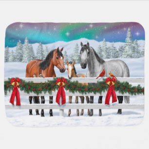 Christmas Scene Bay Buckskin Dapple Gray Horses Baby Blanket