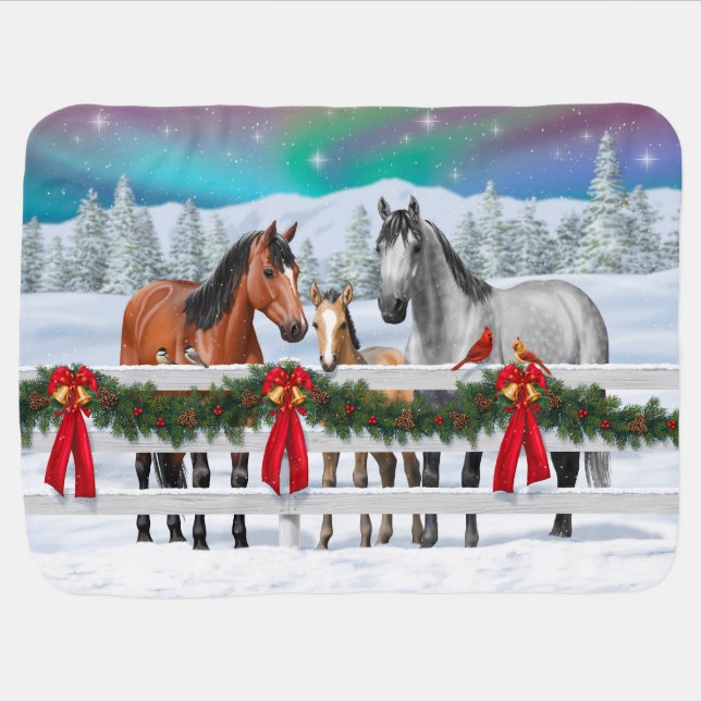 Christmas Scene Bay Buckskin Dapple Gray Horses Baby Blanket (Horizontal)