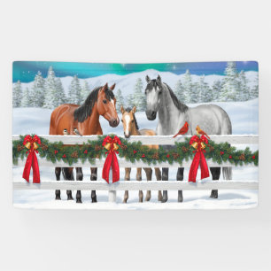 Christmas Scene Bay Buckskin Dapple Gray Horses Banner