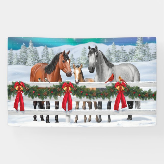 Christmas Scene Bay Buckskin Dapple Gray Horses Banner (Horizontal)