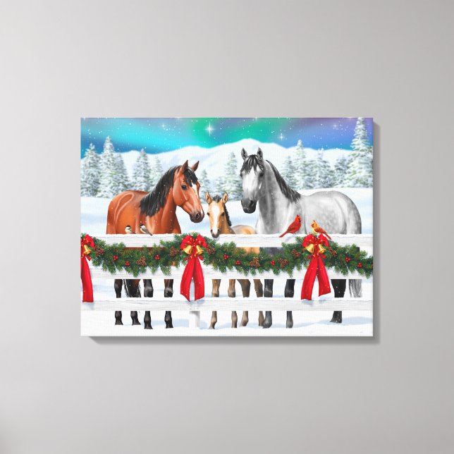 Christmas Scene Bay Buckskin Dapple Gray Horses Canvas Print (Front)