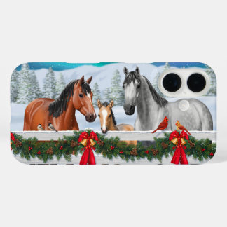 Christmas Scene Bay Buckskin Dapple Gray Horses iPhone 16 Case