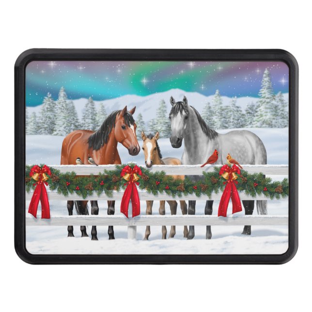 Christmas Scene Bay Buckskin Dapple Gray Horses Hitch Cover (Front)