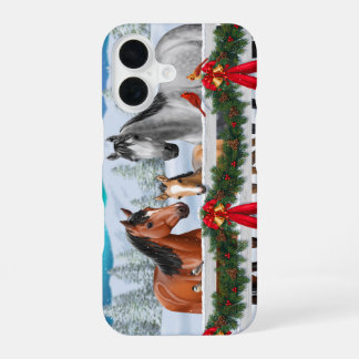 Christmas Scene Bay Buckskin Dapple Gray Horses iPhone 16 Case