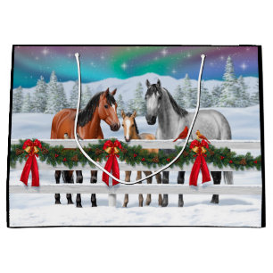 Christmas Scene Bay Buckskin Dapple Gray Horses Large Gift Bag