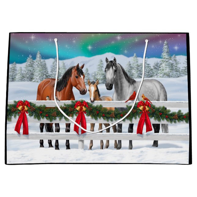 Christmas Scene Bay Buckskin Dapple Gray Horses Large Gift Bag (Front)