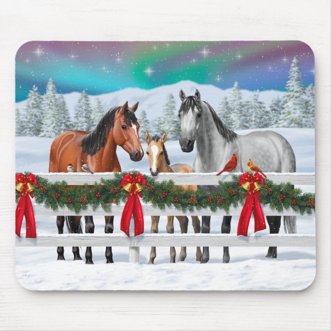 Christmas Scene Bay Buckskin Dapple Gray Horses Mouse Pad (Front)