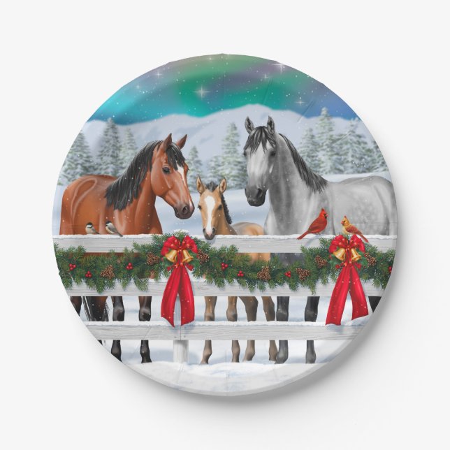Christmas Scene Bay Buckskin Dapple Gray Horses Paper Plates (Front)