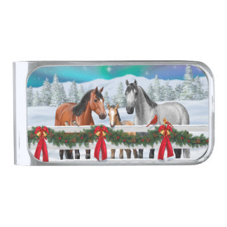 Christmas Scene Bay Buckskin Dapple Gray Horses Silver Finish Money Clip