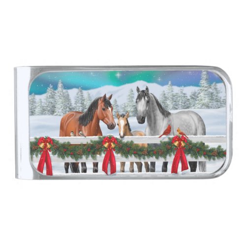 Christmas Scene Bay Buckskin Dapple Gray Horses Silver Finish Money Clip