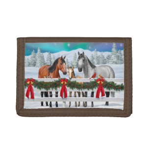 Christmas Scene Bay Buckskin Dapple Gray Horses Trifold Wallet