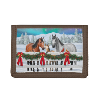 Christmas Scene Bay Buckskin Dapple Gray Horses Trifold Wallet