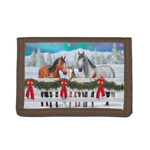 Christmas Scene Bay Buckskin Dapple Gray Horses Trifold Wallet