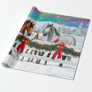 Christmas Scene Bay Buckskin Dapple Gray Horses Wrapping Paper