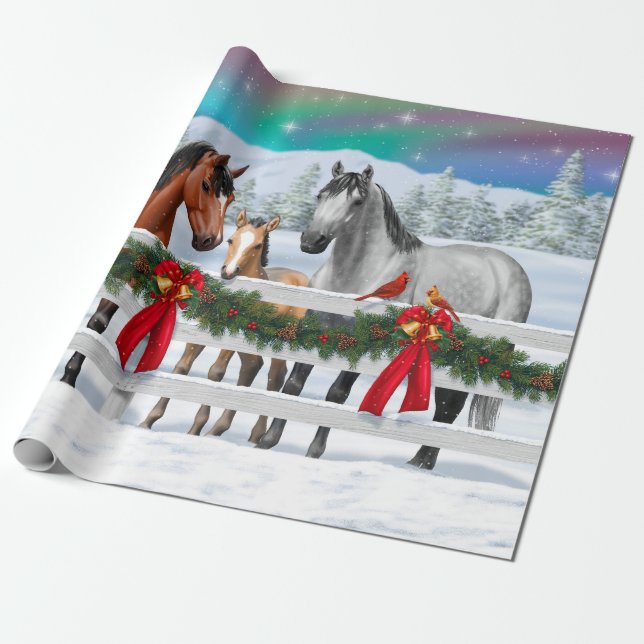 Christmas Scene Bay Buckskin Dapple Gray Horses Wrapping Paper (Unrolled)