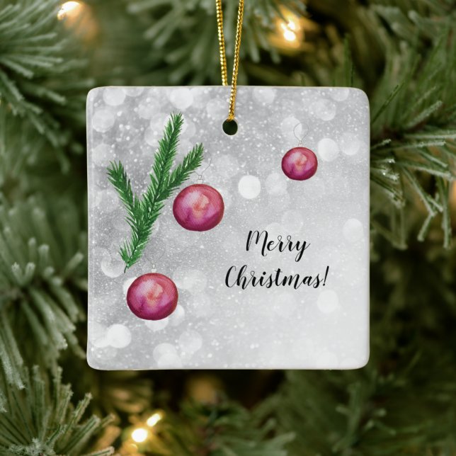 Christmas Scene Branches And Balls Watercolor Ceramic Ornament (Tree)