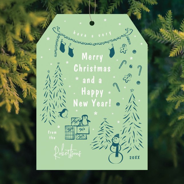 Christmas Scene Doodle Teal & Green Christmas Card (Creator Uploaded)