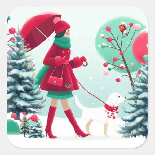 Christmas Scene Girl Walking Dog  Square Sticker