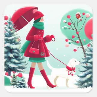 Christmas Scene Girl Walking Dog Square Sticker