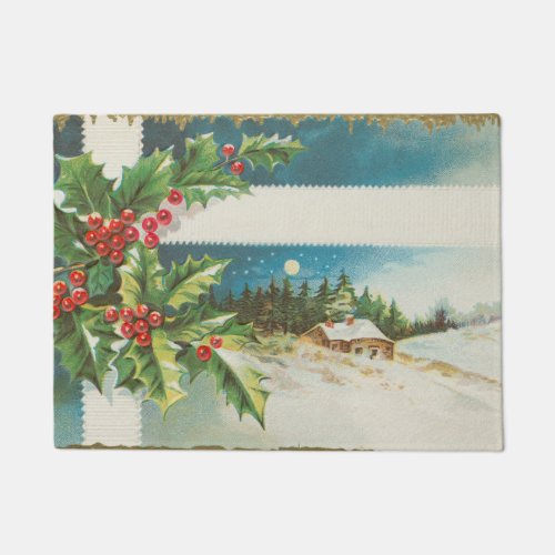 christmas scene holly snow winter artwork doormat