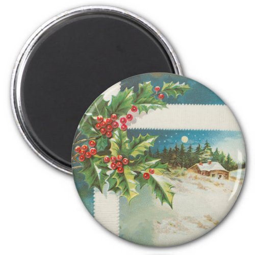 christmas scene holly snow winter artwork magnet