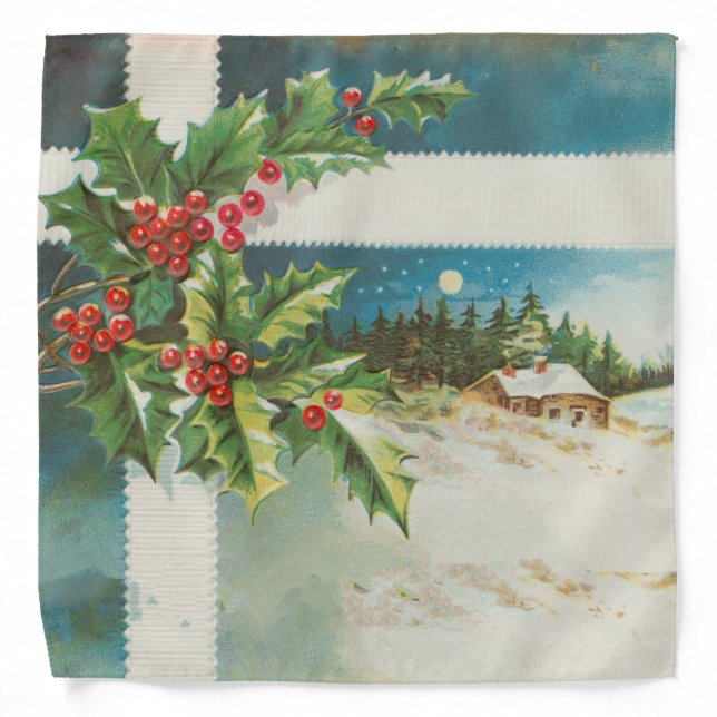 Christmas Scene Holly Snow Winter Bandana (Front)