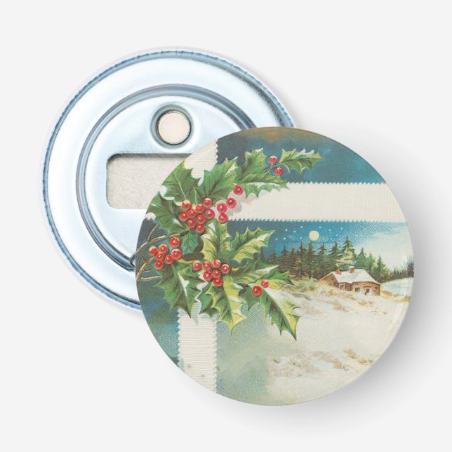 Christmas Scene Holly Snow Winter Bottle Opener (Front)