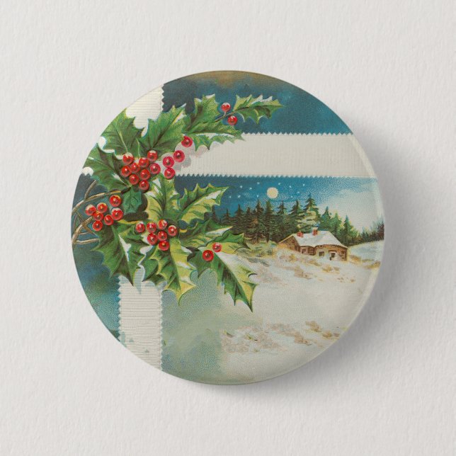 Christmas Scene Holly Snow Winter Button (Front)